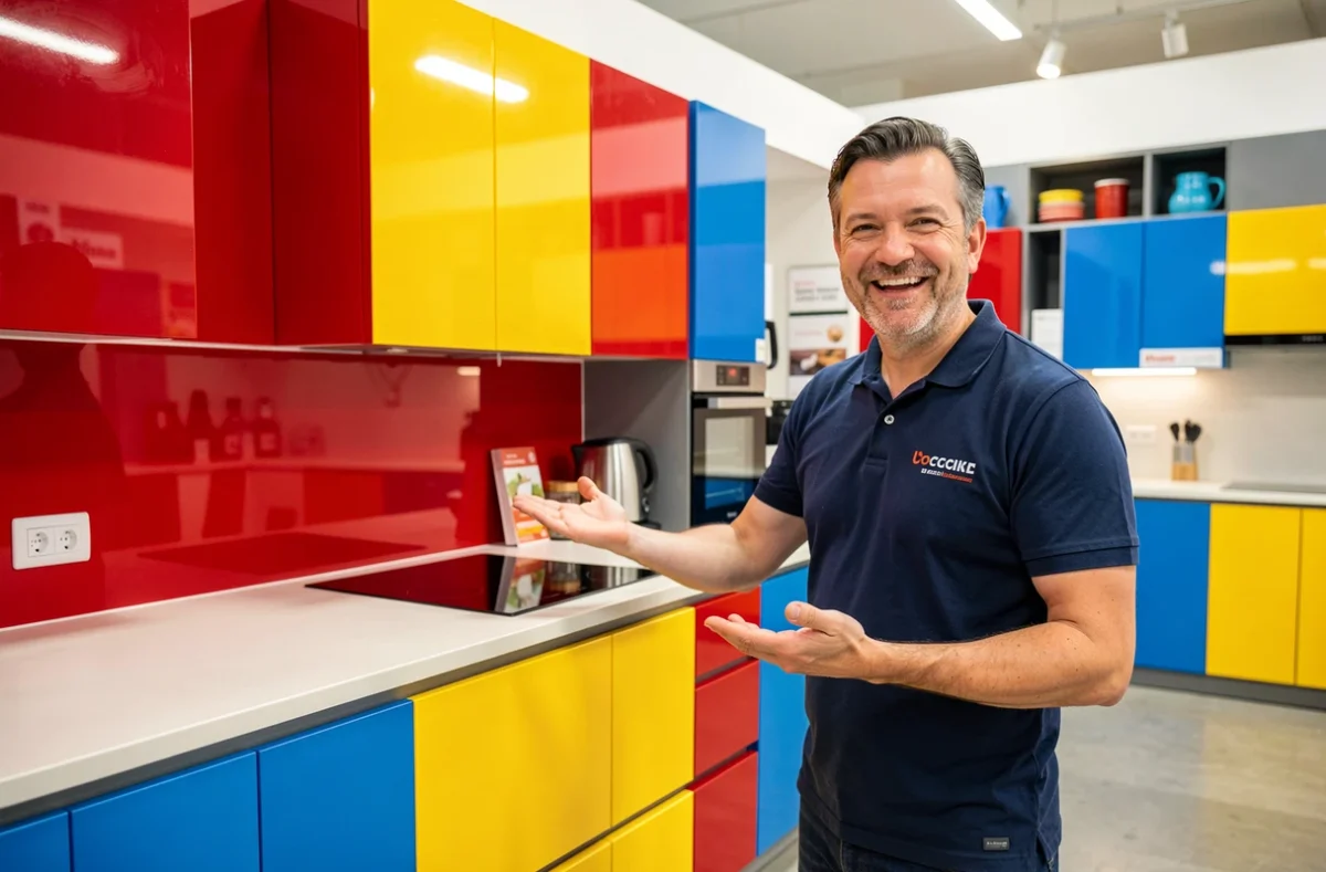 Vendeur de Tubatou présentant un modèle de cuisine modulaire colorée dans un showroom de l'Aisne