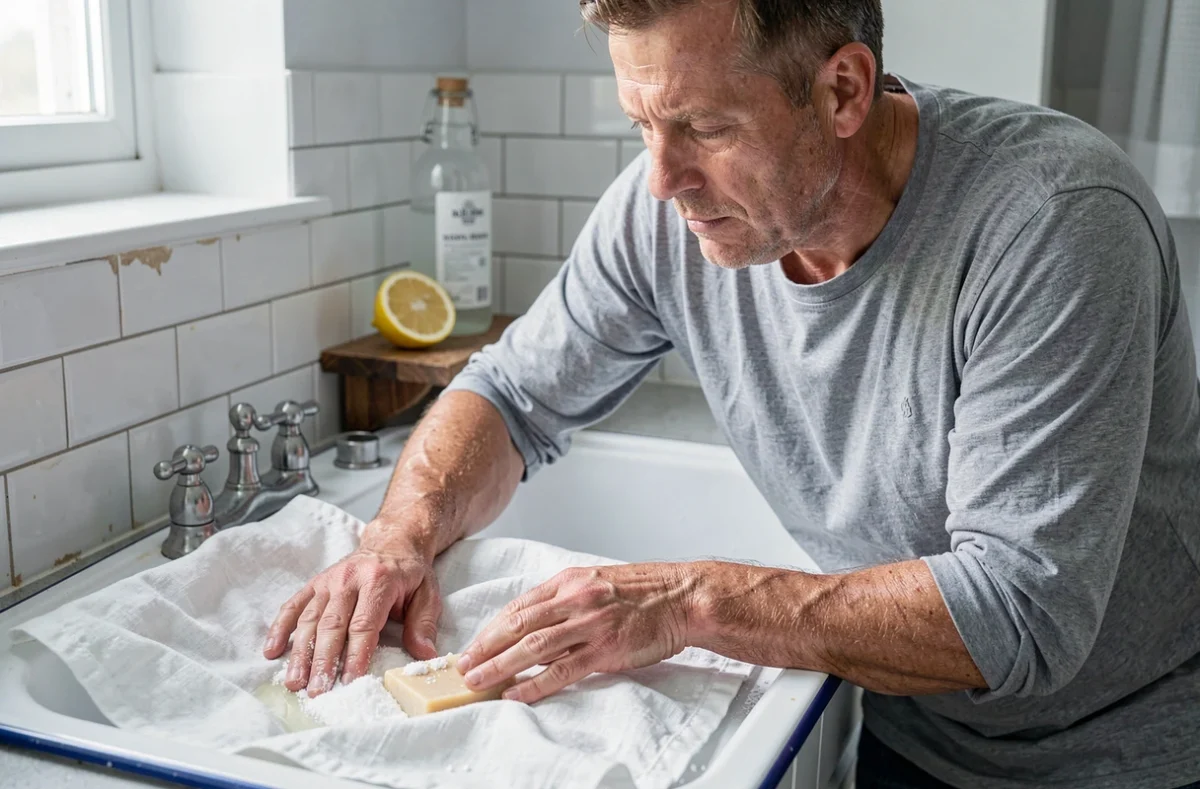 Homme utilisant le savon fiel de bœuf avec du bicarbonate et du citron pour détacher du linge blanc dans un évier