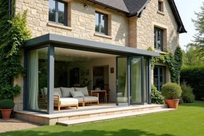 Véranda en aluminium et verre intégrée à une maison en pierre traditionnelle, vue depuis le jardin
