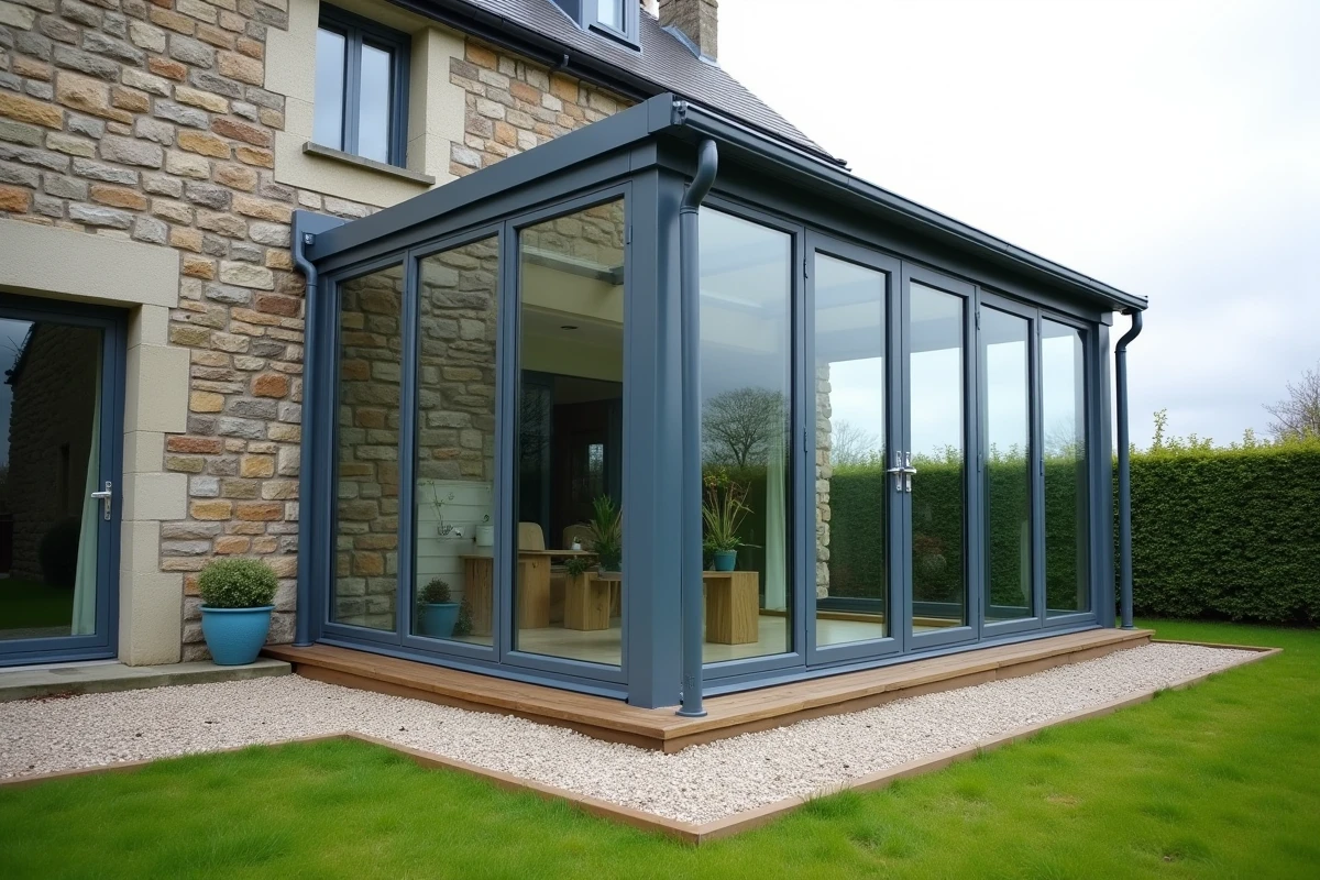 Véranda en aluminium et verre installée sur une maison bretonne vue depuis le jardin