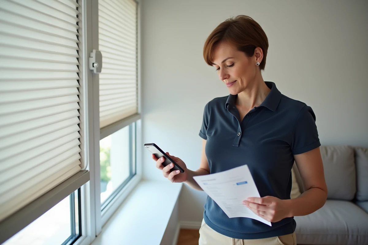 Femme vérifiant l'application domotique pour remettre à zéro un volet roulant solaire bloqué après une panne de courant