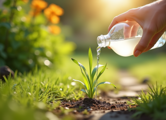 Main versant vinaigre blanc sur mauvaises herbes dans le jardin