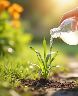 Main versant vinaigre blanc sur mauvaises herbes dans le jardin