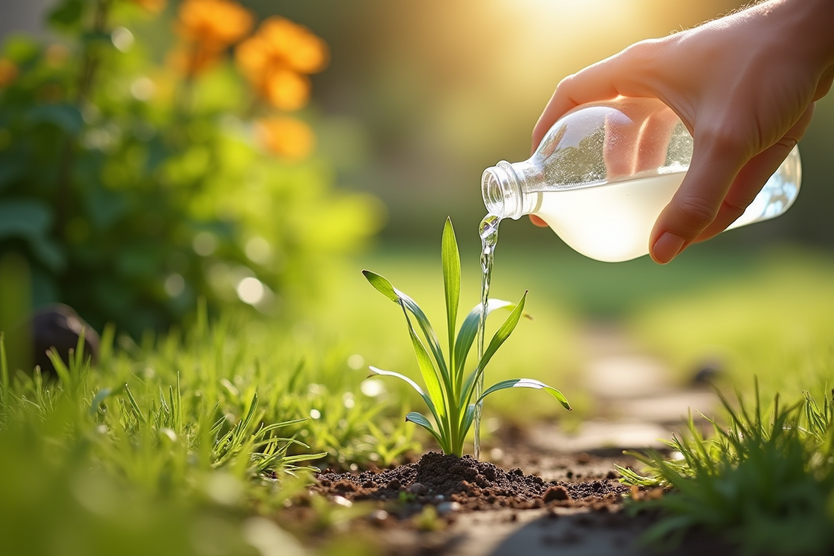 Main versant vinaigre blanc sur mauvaises herbes dans le jardin