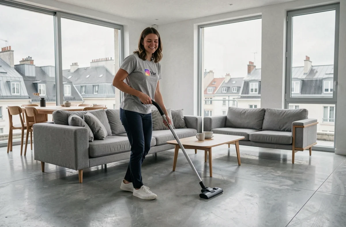 Professionnelle Wecasa passant l'aspirateur dans un appartement contemporain avec décoration minimaliste dans le Var